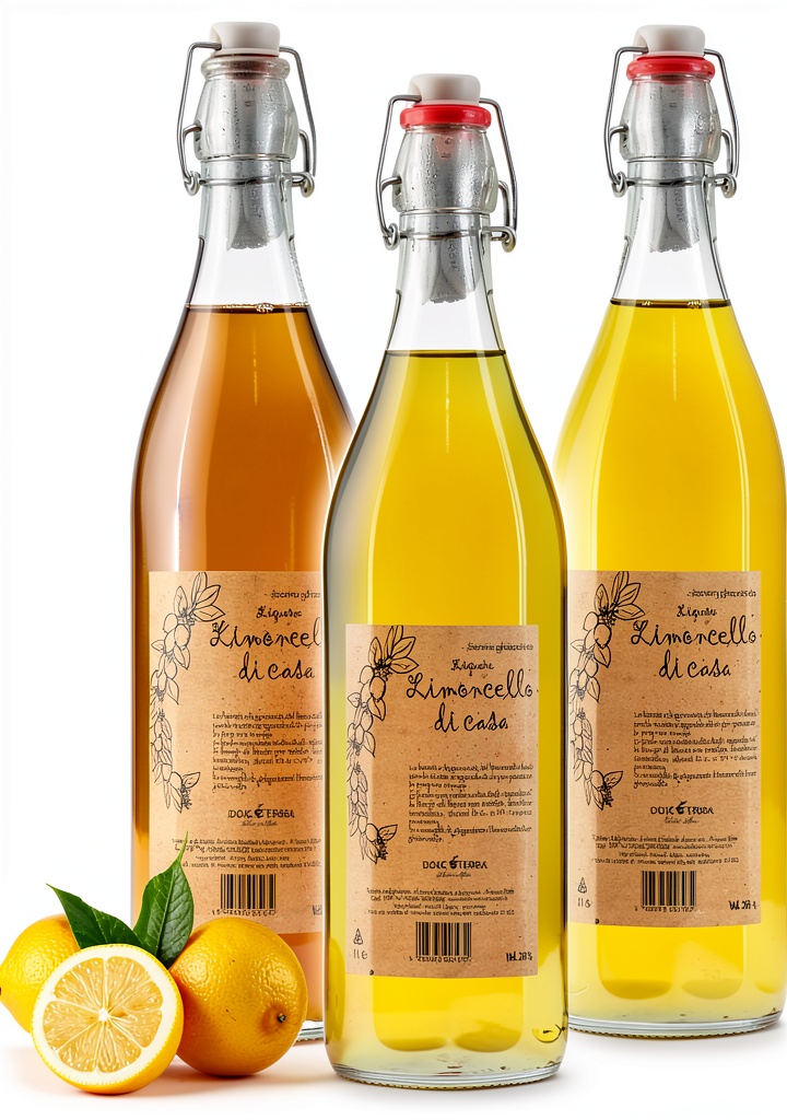 Dolceterra Limoncello bottle on a wooden table with lemons