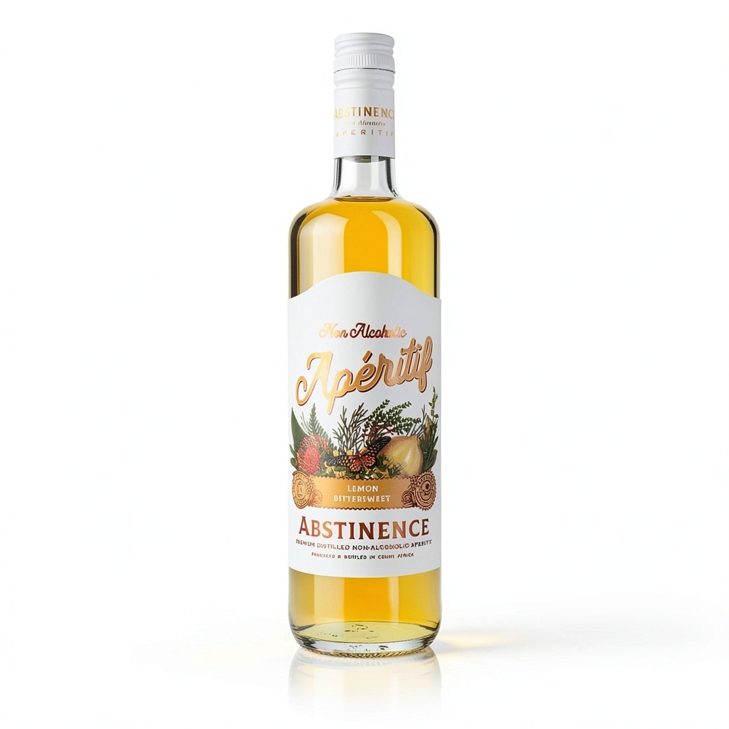 Abstinence Lemon Aperitif bottle on a wooden table