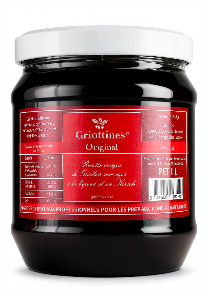 Bottle of Kirsch Liqueur with Morello cherries on a bar counter